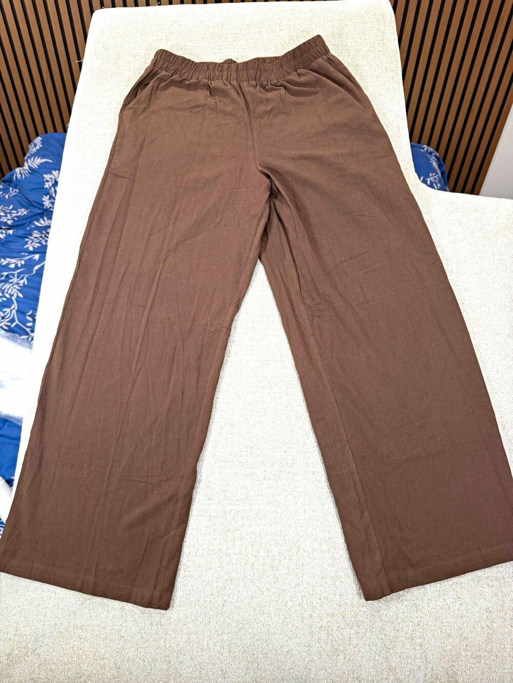 LOWON Women's Brown Woven Cotton Linen Pants Elastic Waist Straight Leg M